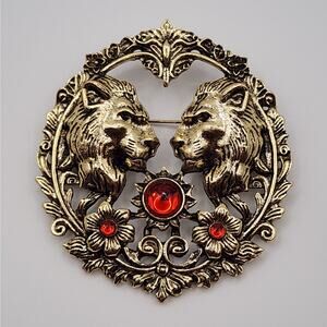 Lion Brooch Heraldic Twin Lions Faux Jewel and Gold Tone Metal Regal